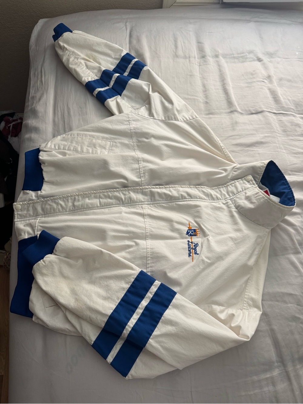 Men’s White and Royal Blue Striped Puffer Jacket - Retro Style - KC ROYAL LANCER